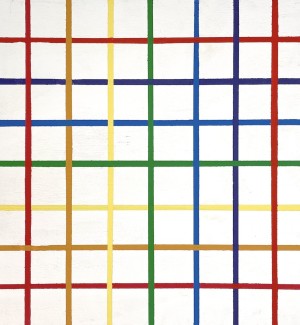 a square painting of a grid of colored lines overlapping.