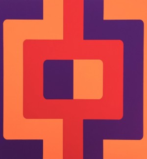 a color print of a bold graphic design with a central block of purple and orange with a bold ring around it in red, orange and purple.