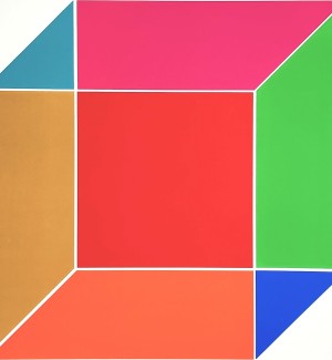 a graphic print of a 3D cube with each plane a contrasting color from pink, orange, green, blue, brown.
