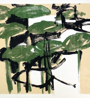 an abstract print of scribbles of color with oval areas of green accented by black stokes on a beige and white background.