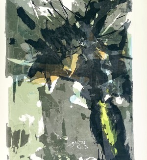 an abstract print with bold areas of color overlapping in dark green, black with a chartreuse vertical slash.