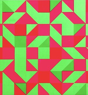 a graphic print in neon green and pink with blocks and triangles compiled into a vibrating design.