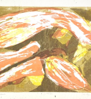 an abstract print depiction of summer gourds with broad strokes of orange and brown scribbly areas of color.