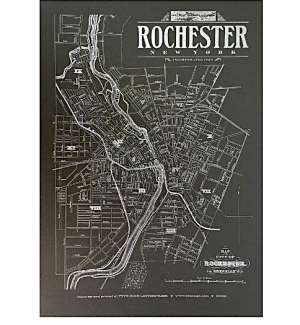 a letterpress print on black paper with white ink of a map of Rochester, NY in 1872