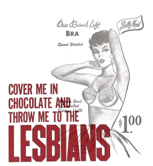 an artist designed letter press poster on white paper with an image of a vintage advertisement of a woman in lingerie with the words 'cover me in chocolate and throw me to the lesbians' in red type.