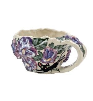 Hand formed mug with textured purple flowers and painted cats