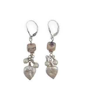 dangly pearl heart earrings with agate 