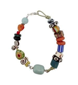 thai silver bracelet with trade beads, glass, turquoise carnelian, and amazonite