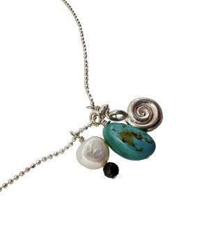 delicate pearl and turquoise charm necklace 