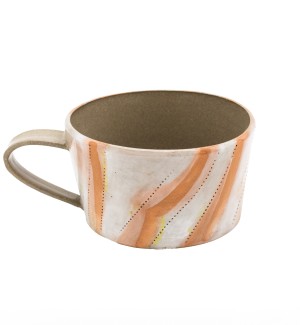 stoneware mug with bold orange stripes accented with cheerful yellow dots