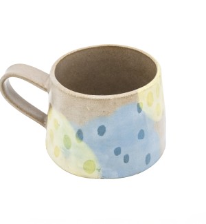 tapered wide base mug with blue and green organic forms