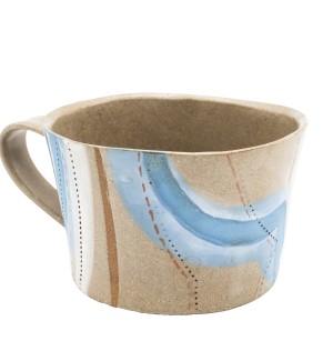 handcrafted stoneware mug featuring organic, flowing lines of blue, orange, and white
