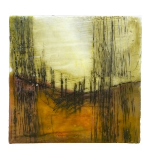 a mini encaustic painting reminiscent of a landscape