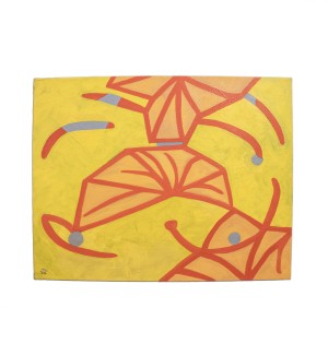 an abstract painting with a yellow background and orange organic forms with grey accents