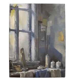 a realism painting of a kitchen