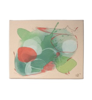 an abstract painting titled opposites distract where it has organic forms made in green, orange, and white