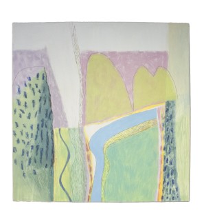 an abstract painting titled my travels that uses pastels and almost mountain-like forms