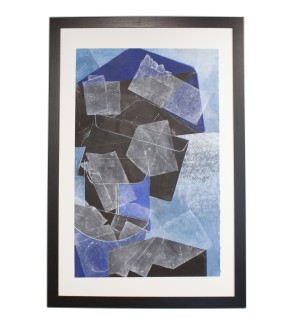 an abstract framed print with a light blue background with written text, a middle ground of envelope shapes in dark blue and black, and a foreground of transparent pieces of paper in white. 