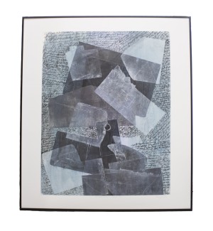 an abstract framed print with a light blue background with written text, a middle ground of envelope shapes in dark blue and black, and a foreground of transparent pieces of paper in white. 