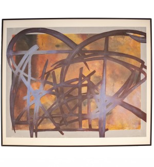 an abstract framed print with a palette of purple, grey, black, and a range of oranges