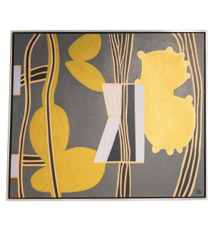large scale grey, black, and yellow painting with both organic and geometric forms