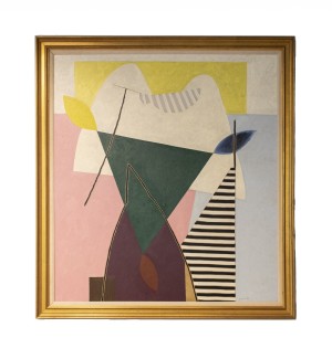 colorful painting with geometric forms and a gold frame