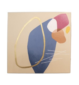 an abstract painting with organic forms, evocative of Mid-Century Modern Abstract style. It has white and gold accents with it's beige, red, orange, yellow, and blue colors