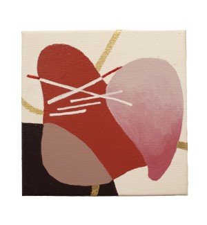a small abstract painting with a palette of red, pink, browns, and gold