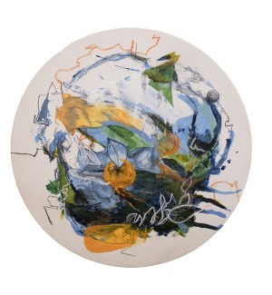 a circle painting with abstract and realism representations of oranges