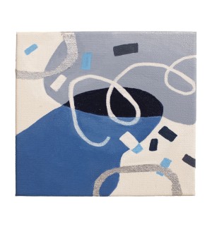 an abstract painting with a platte of blues, greys, black, and silver