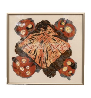 a collage piece with a palette of red, beige, brown and gray