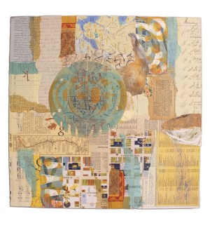 a sewn acrylic mono print with found paper and handwritten paper