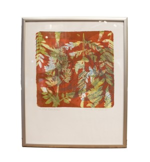 an acrylic mono print of layers of plant shapes, using orange, blue, and yellow-green