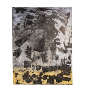 a large abstract painting with a background of different greys, a base of yellow, and overtop brushstrokes of black