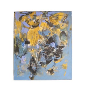 an abstract painting that has a light blue background, with layers of other blues, yellow, purple, black, and peach