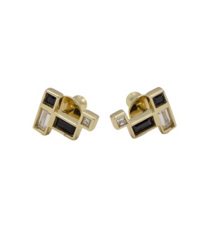 gold geometrical earrings with onyx and white stones