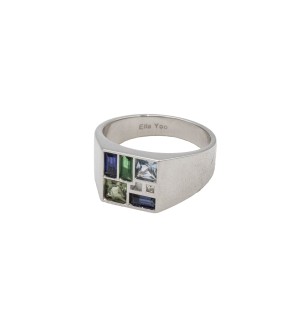 silver ring with geometrical shapes of blue, green, and aqua tone gemstones