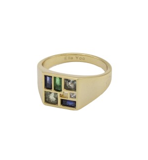 gold ring with geometrical shapes of blue, green, and aqua tone gemstones