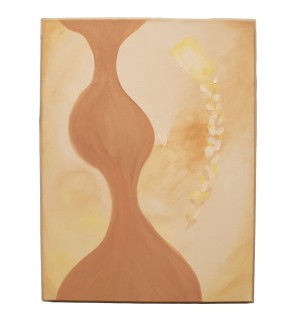 an abstract painting with a background of grated pinks and peaches and organic forms in peach, yellow, white, and pink