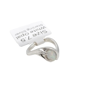 a twisted prong sterling silver ring with a white opal