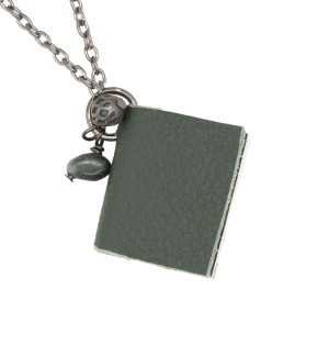 short chain dark green book necklace