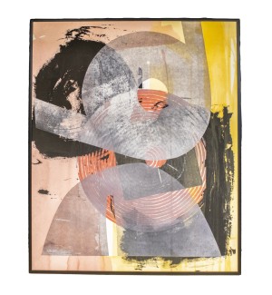 a framed print with a palette of pink, coral, yellow, black, and grey