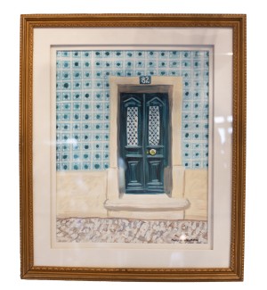 a hand painted and framed gouache painting 