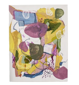 a painting with a palette of pinks, blues, yellows, and greens with white details