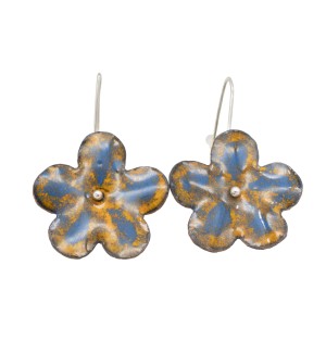 handmade yellow and blue flower earrings made of sterling silver and copper enamel