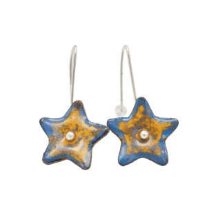 handmade yellow and blue star earrings made of sterling silver and copper enamel