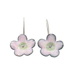 handmade pink flower earrings made of sterling silver and copper enamel