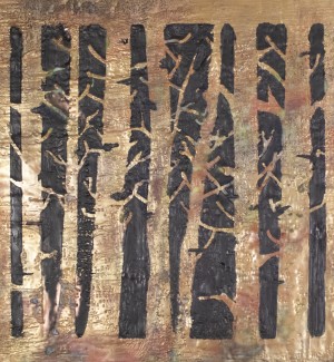 a piece reminiscent of trees painted in bronze