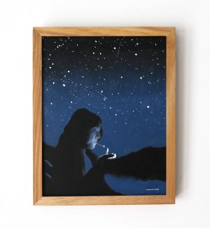wooden framed painting based on the 'Smoke on the Hudson' cocktail from Lento's