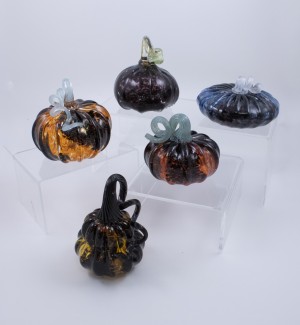 a variety of black marbled pumpkins with a pop of color